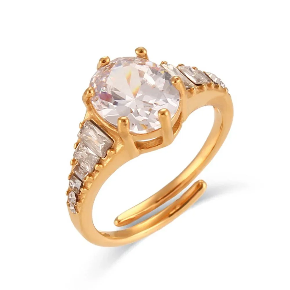 Luxury Crystal Zircon Adjustable 18K Gold Plated Stainless‎ Steel Ring